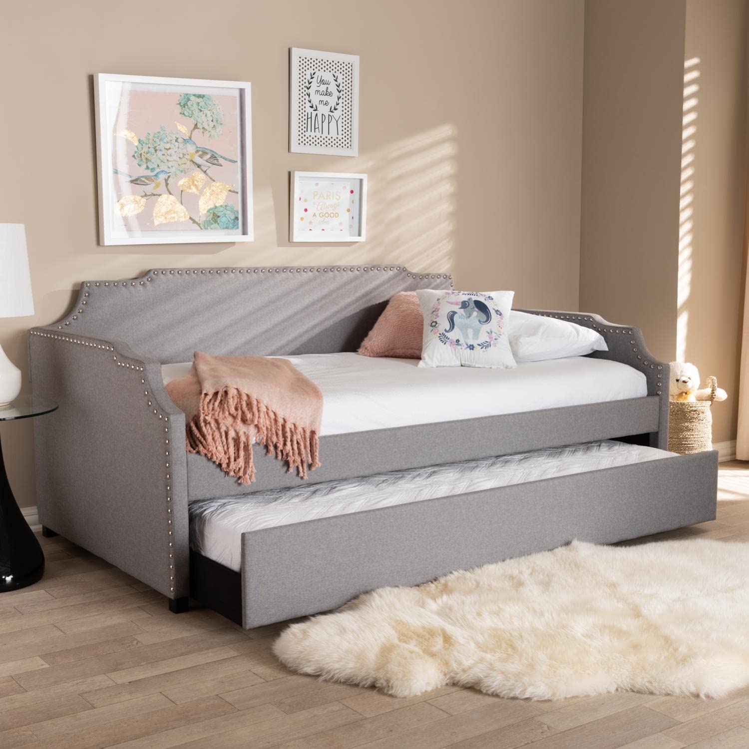 Baxton Studio Ally Modern and Contemporary Gray Fabric Upholstered Twin Size Sofa Daybed with Roll Out Trundle Guest Bed