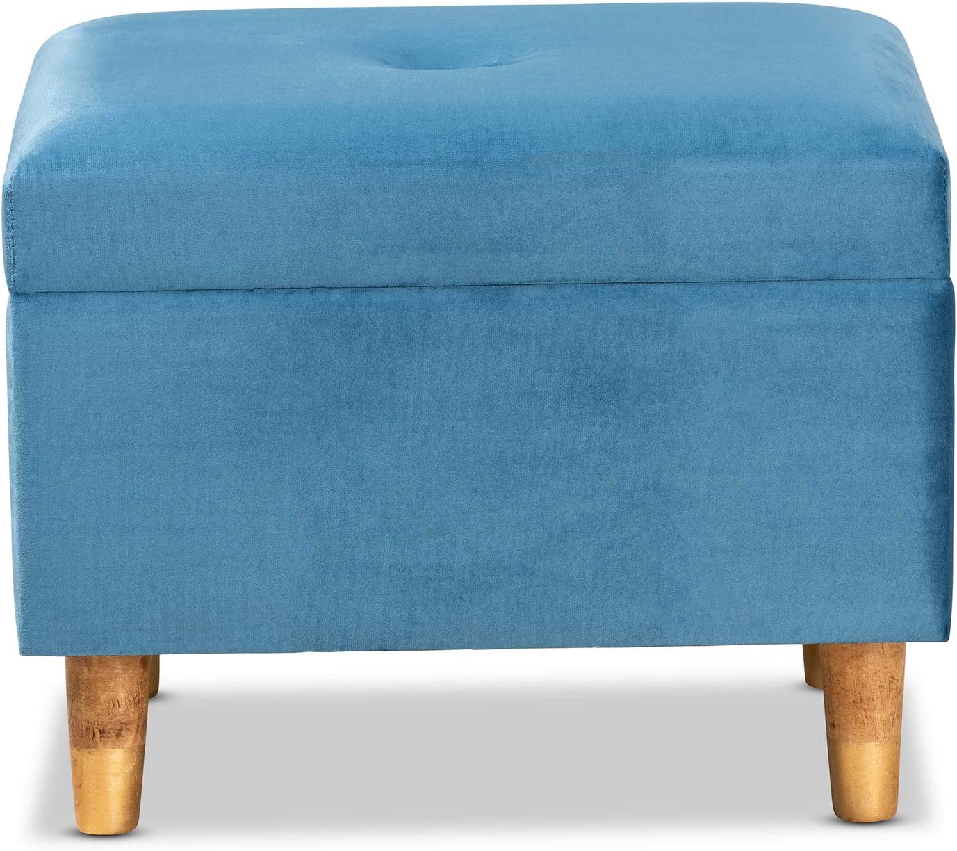 Baxton Studio Elias Modern and Contemporary Sky Blue Velvet Fabric Upholstered and Oak Brown Finished Wood Storage Ottoman