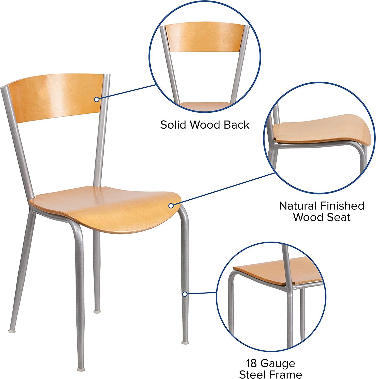 Flash Furniture Invincible Series Silver Metal Restaurant Chair - Natural Wood Back &amp; Seat