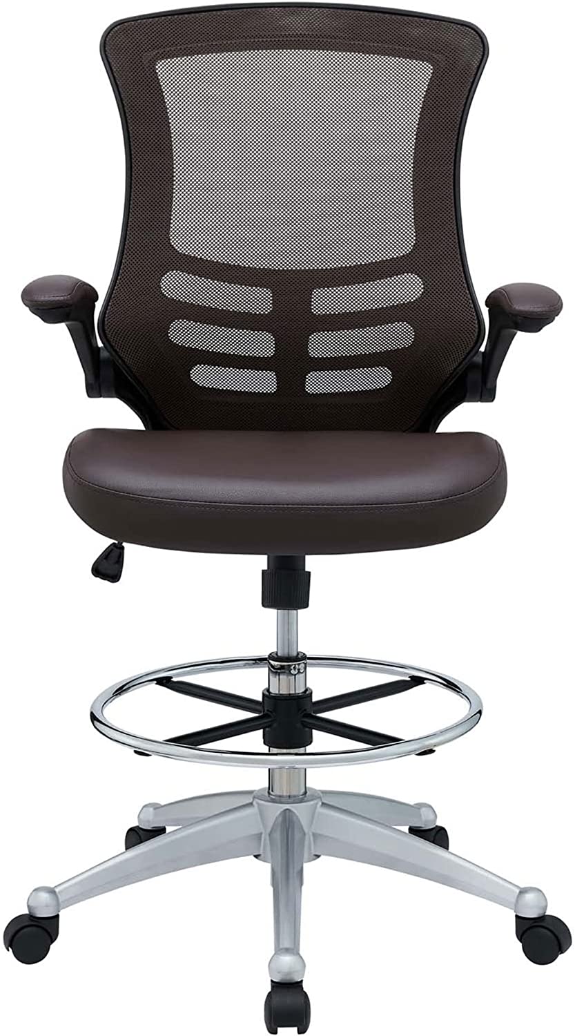 Modway Attainment Vinyl Drafting Chair - Drafting Stool With Flip-Up Arm in Brown