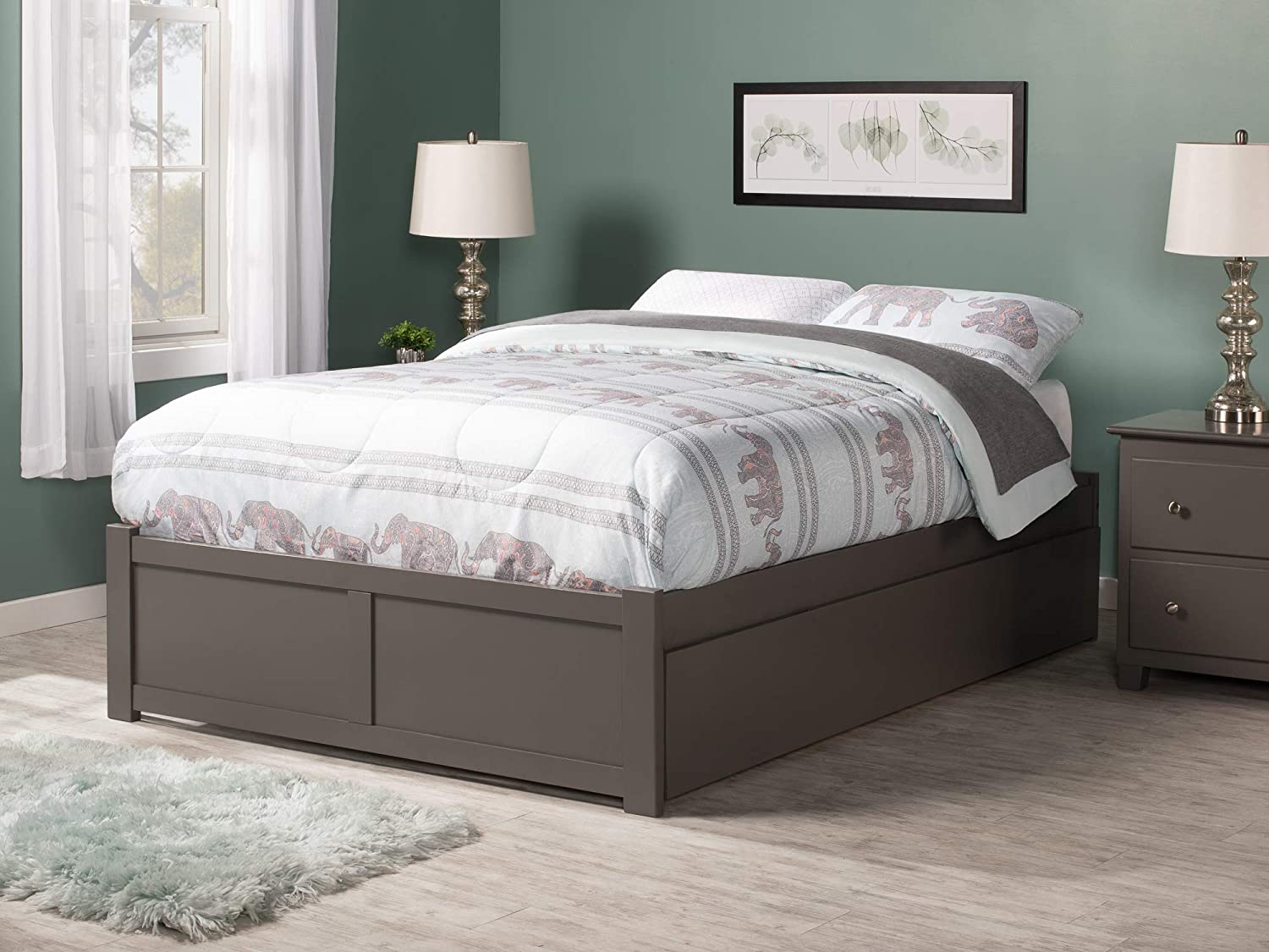 Concord Full Platform Bed with Flat Panel Footboard and Twin Size Urban Trundle in Grey