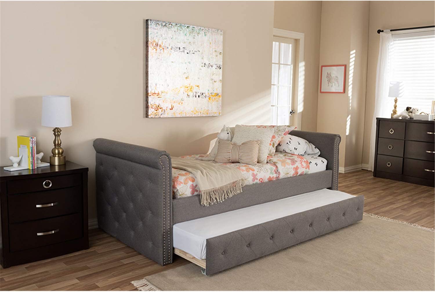 Baxton Studio Swamson Modern and Contemporary Tufted Daybed with Roll-Out Trundle Guest Bed Grey