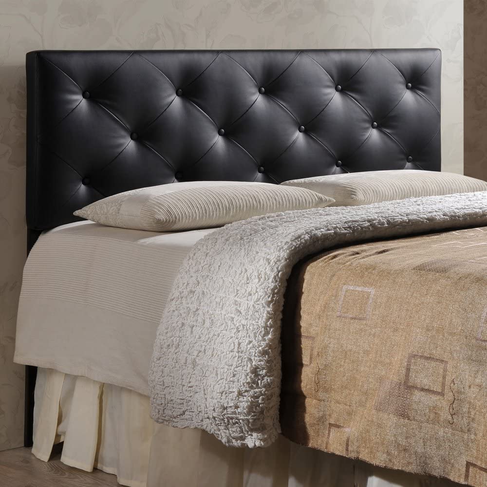 Bored with your bedroom. Need to perk up that platform bed Add the look of leather. Our king size black faux leather headboard boasts button-tufted distinction that contrasts sharply with just about any wall. Rubberwood frame with foam padding provides a