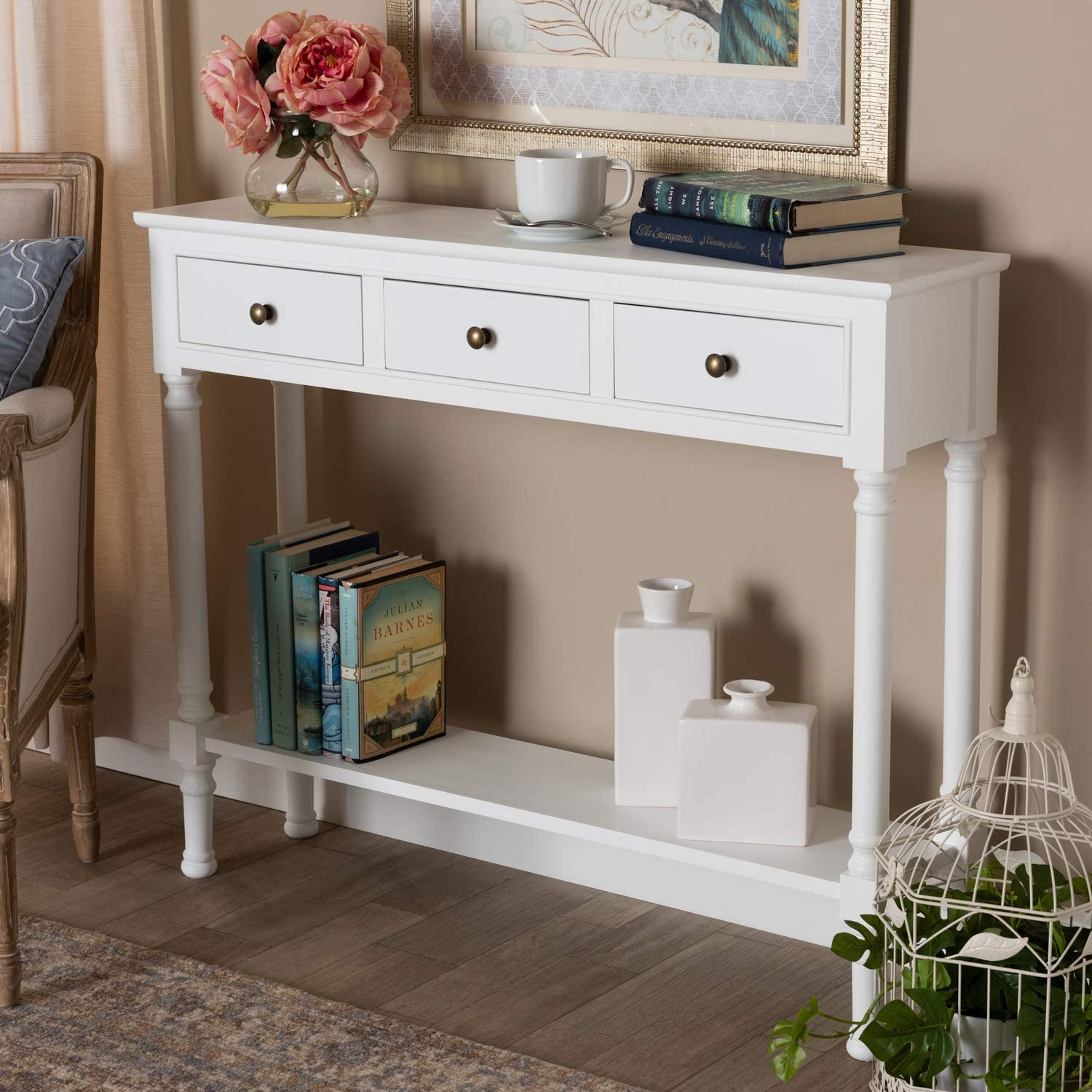 Baxton Studio Calvin Classic and Traditional French Farmhouse White Finished Wood 3-Drawer Entryway Console Table