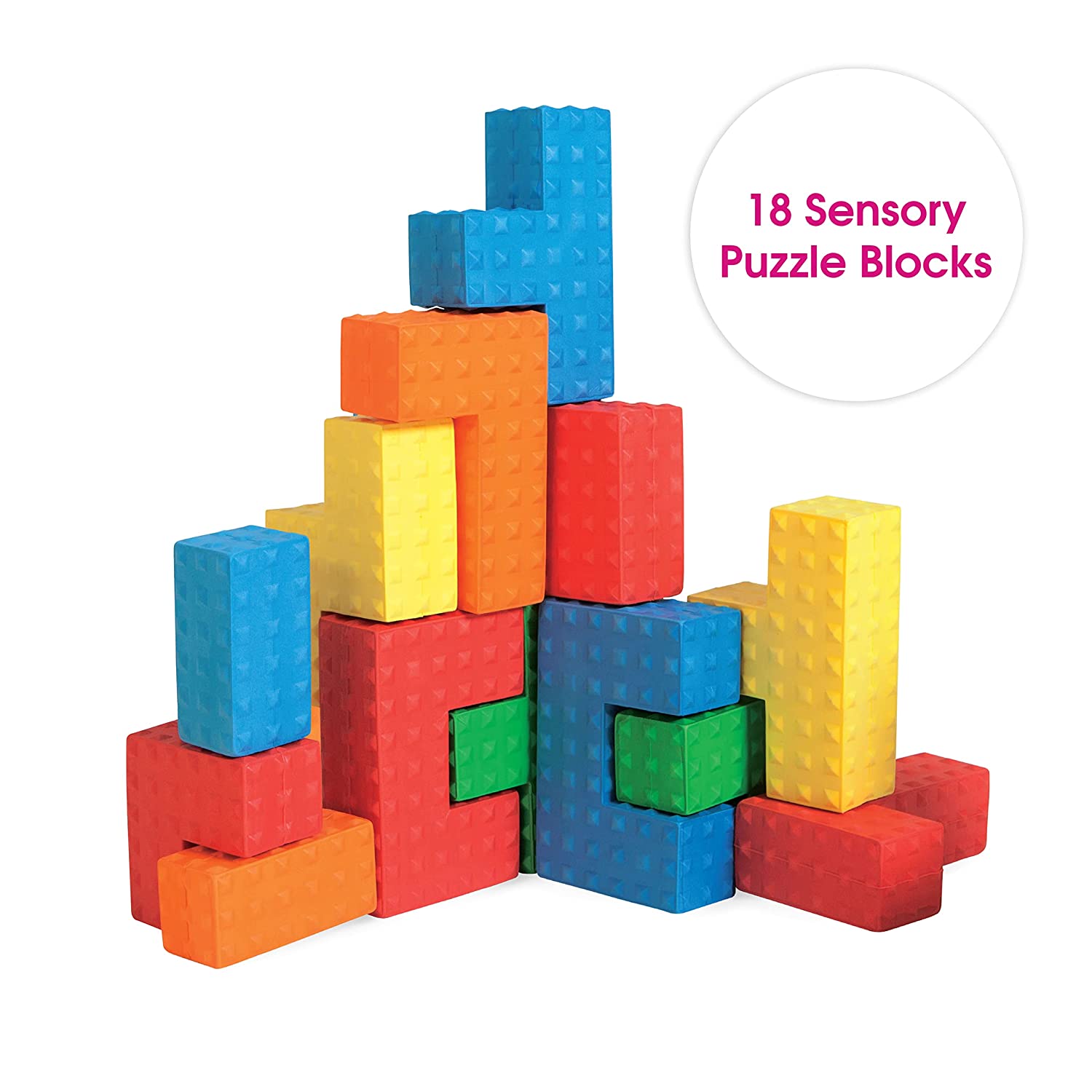 Edushape Sensory Puzzle Blocks, 18 PC Set - Colorful Textured Interlocking Construction Block Puzzles for Sensory Development in Toddlers &amp; Kids - Soft Baby Blocks, STEM Educational Learning Toy