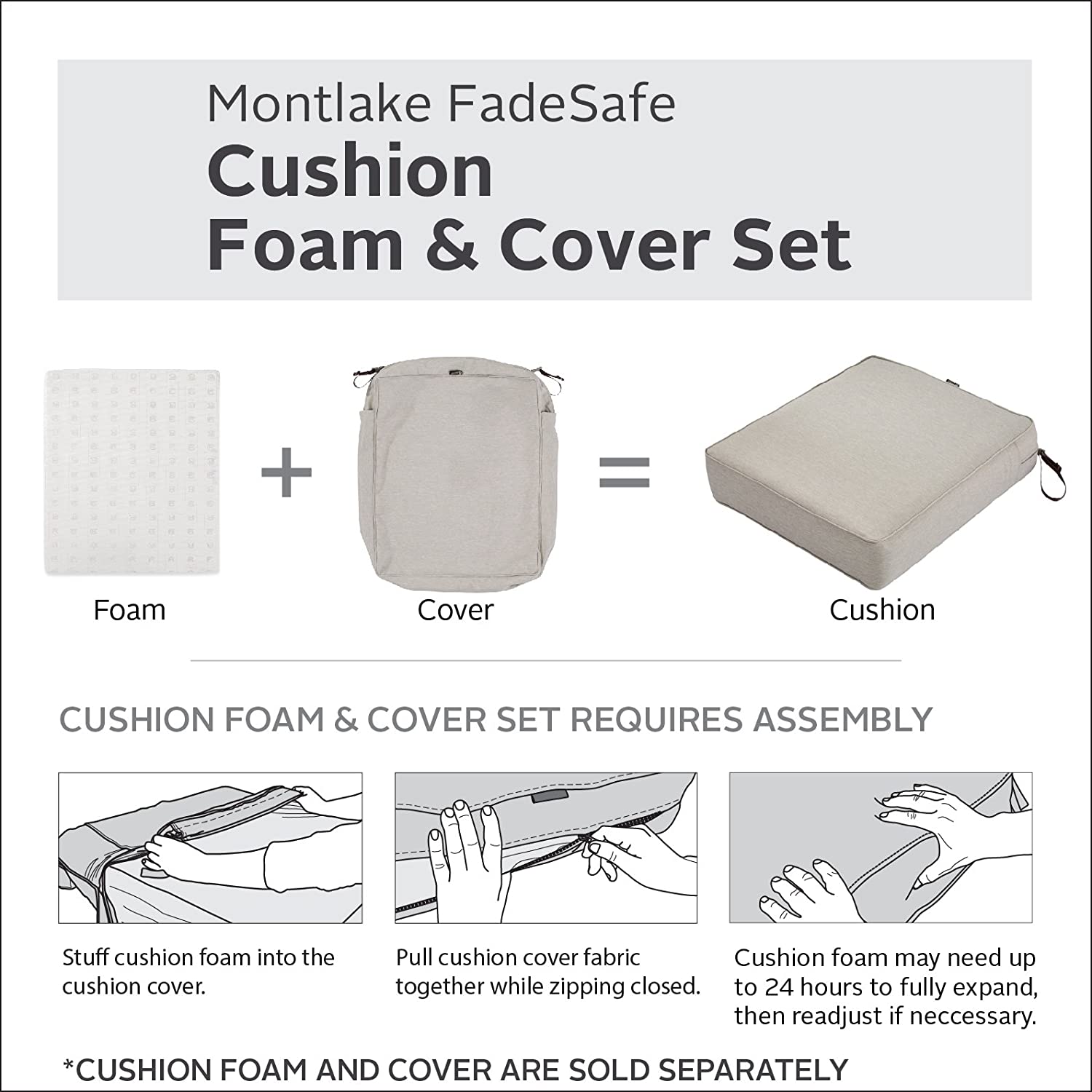 Classic Accessories Montlake Water-Resistant 20 x 20 x 2 Inch Square Outdoor Seat Cushion Slip Cover, Patio Furniture Chair Cushion Cover, Heather Grey, Patio Furniture Cushion Covers