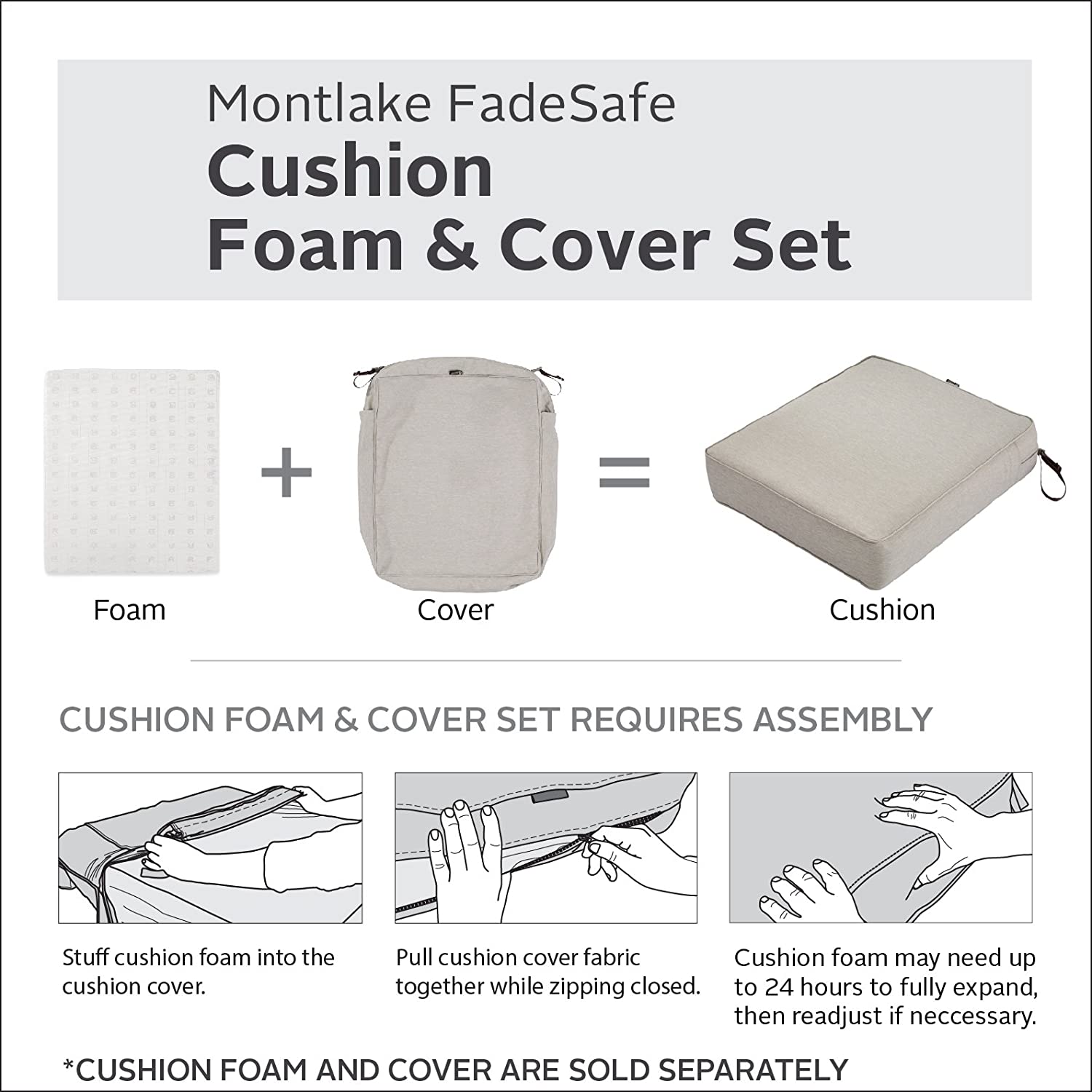 Classic Accessories Montlake Water-Resistant 18 x 18 x 2 Inch Square Outdoor Seat Cushion Slip Cover, Patio Furniture Chair Cushion Cover, Heather Grey, Patio Furniture Cushion Covers