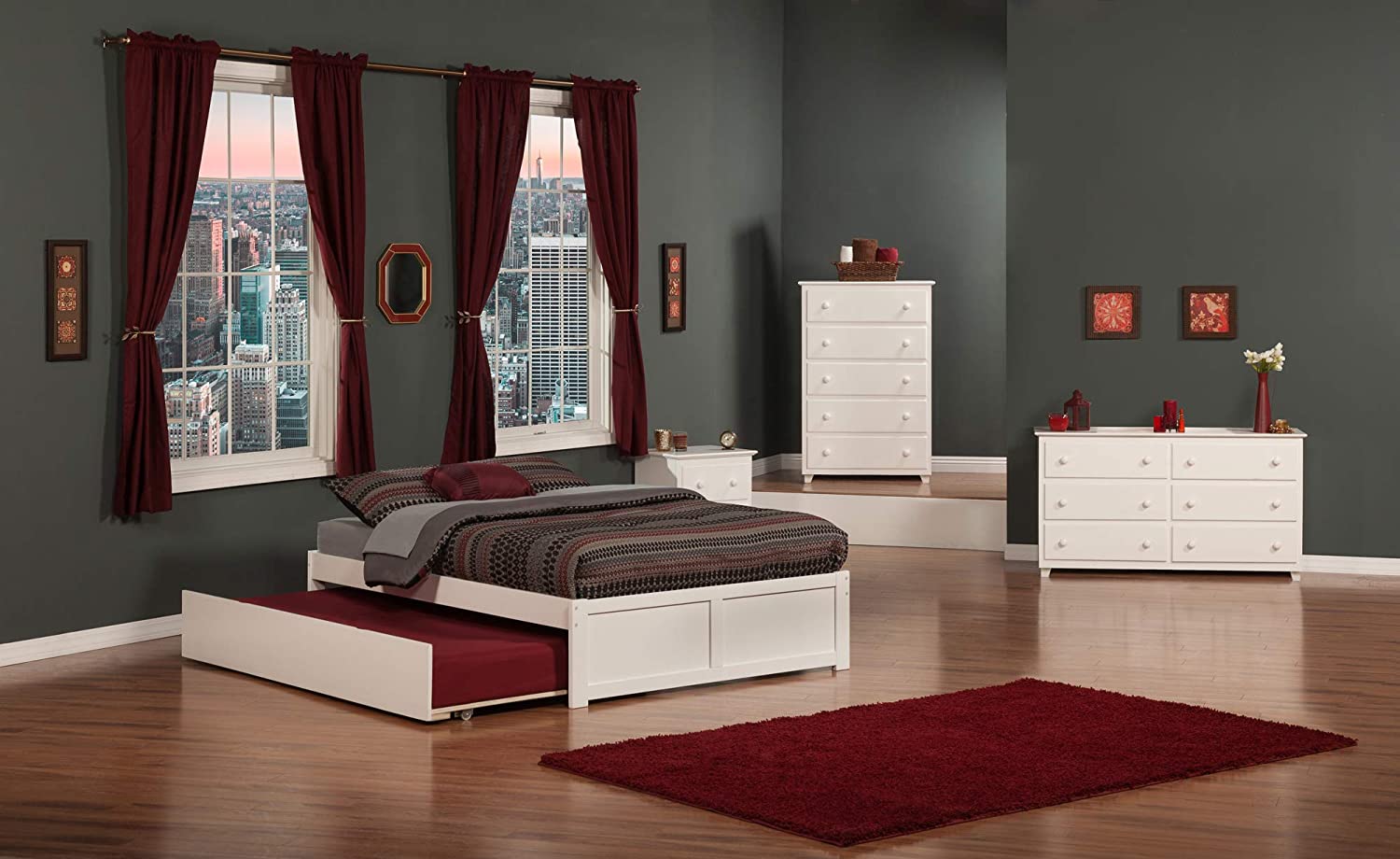 AFI Concord Platform Bed with Flat Panel Footboard and Twin Size Urban Trundle, Full, White