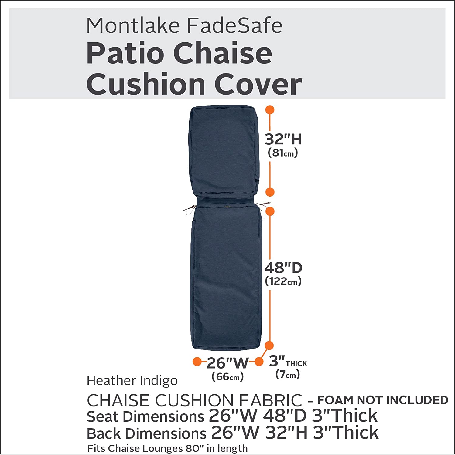 Classic Accessories Montlake Water-Resistant 80 x 26 x 3 Inch Outdoor Chaise Lounge Cushion Slip Cover, Patio Furniture Cushion Cover, Heather Indigo Blue