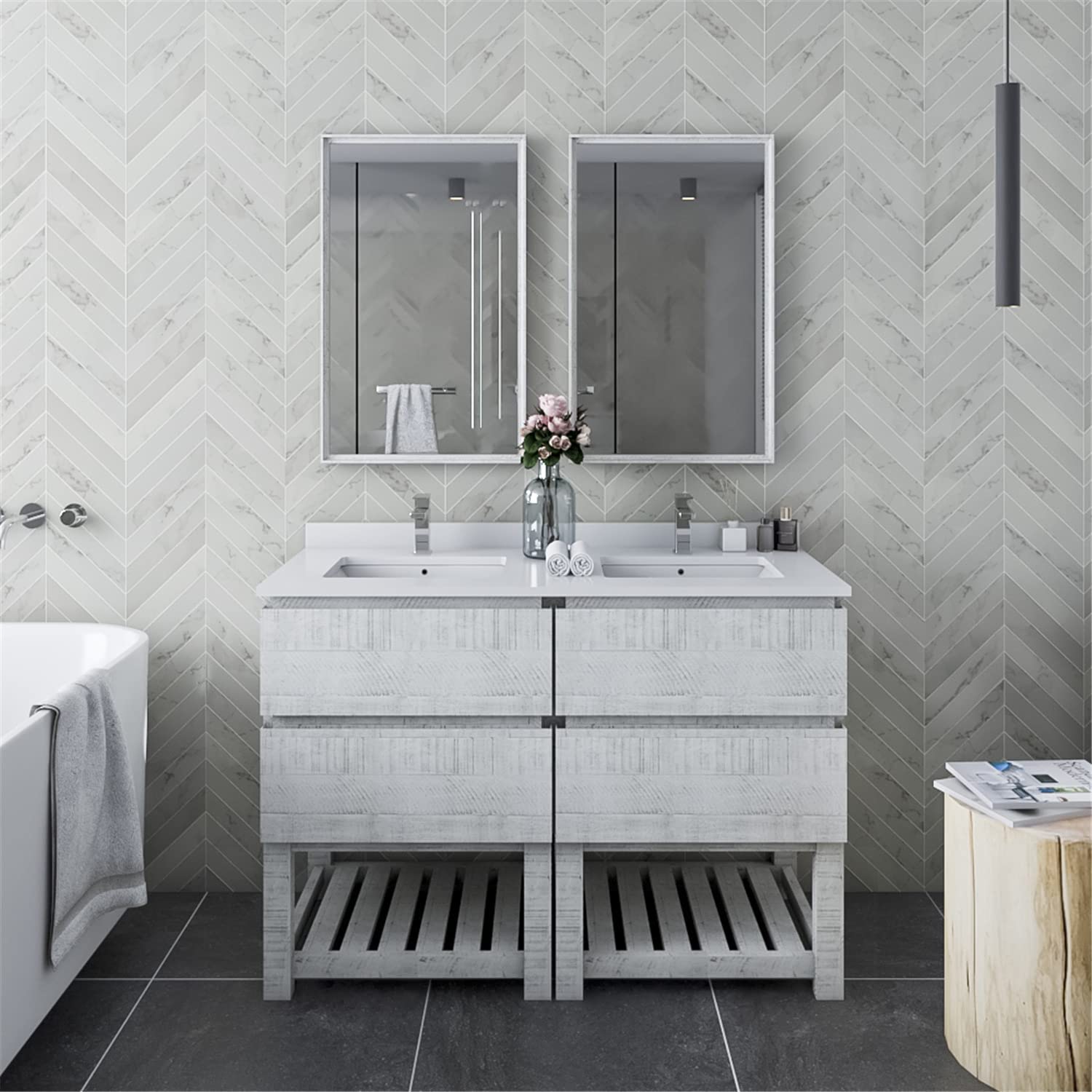 Fresca Formosa 48&#34; Floor Standing Double Sink Modern Bathroom Vanity w/Open Bottom &amp; Mirrors in Rustic White