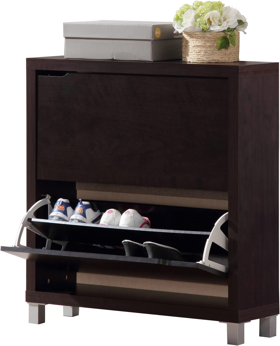 Simms 31&#34; Wide Two-Tier Dark Wood Modern Shoe Cabinet