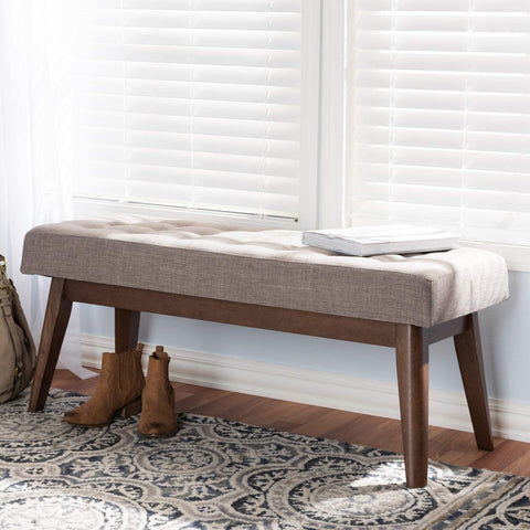 Baxton Studio Elia Mid-Century Modern Walnut Wood Light Grey Fabric Button-Tufted Bench/Mid-Century/Fabric Polyester 100%&#34;/Rubber Wood/Light Grey/Walnut Brown