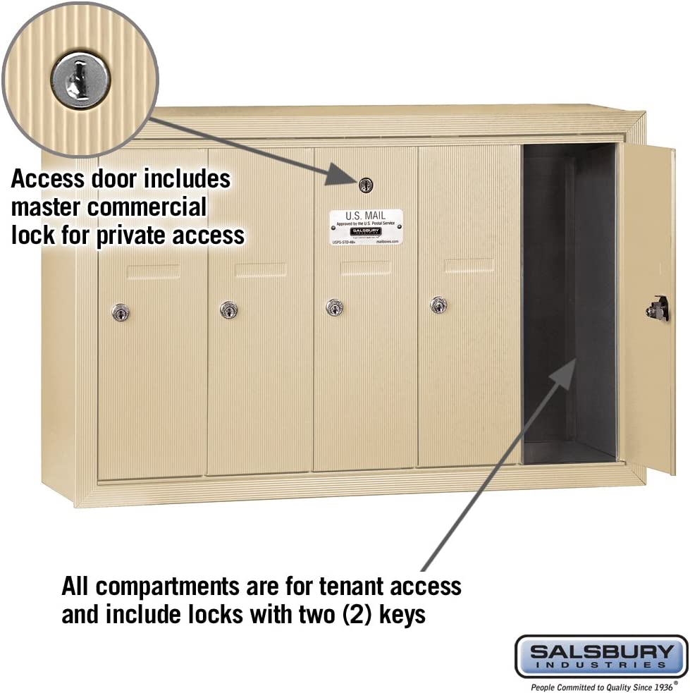 Salsbury Industries 3505SSP Surface Mounted Vertical Mailbox with Master Commercial Lock, Private Access and 5 Doors, Sandstone