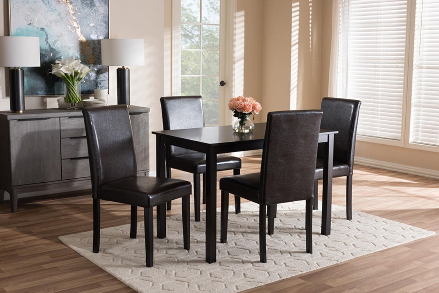 Baxton Studio Mia Modern and Contemporary Dark Brown Faux Leather Upholstered 5-Piece Dining Set Brown//Medium Wood/Contemporary/Table/Faux Leather/Solid Rubber Wood/Foam