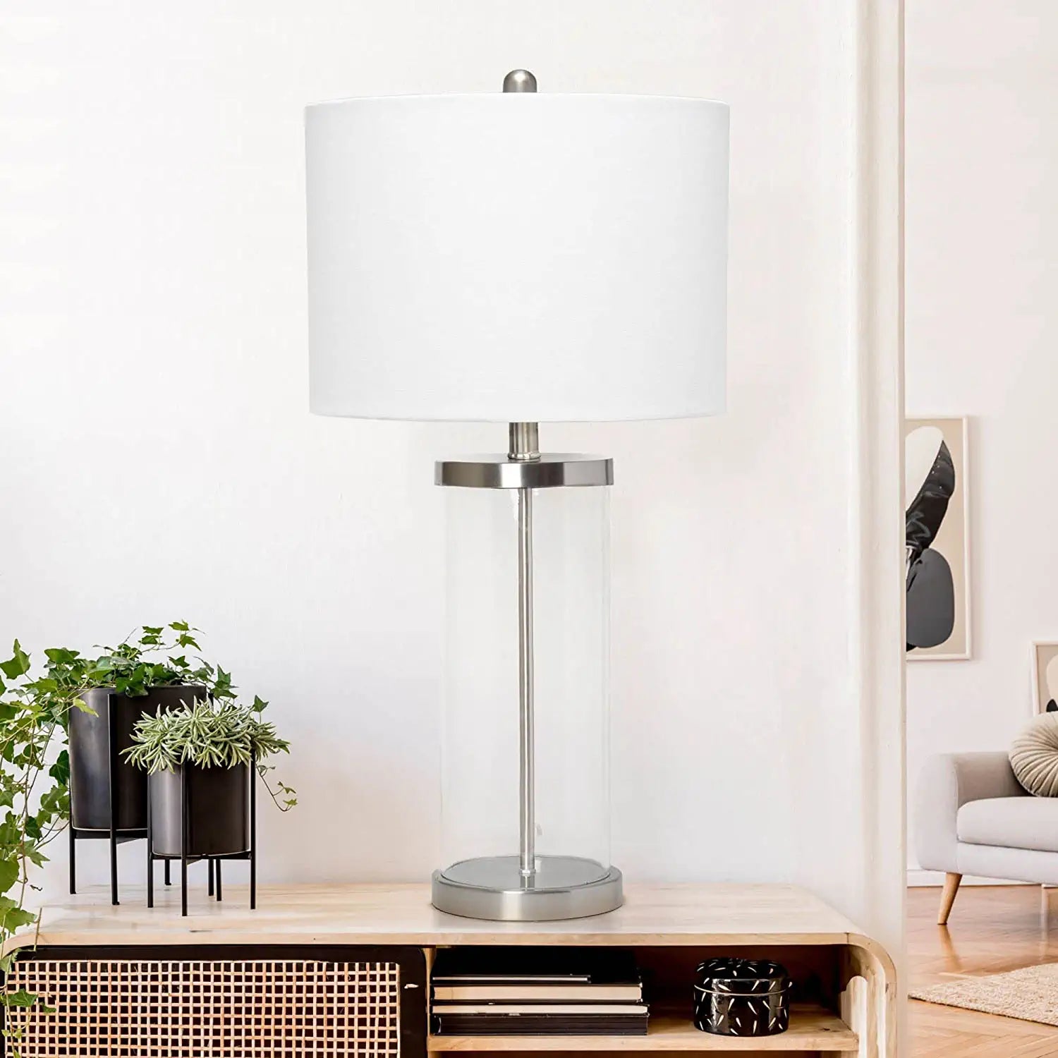 Lalia Home Contemporary Entrapped Glass Table Lamp with Fabric Shade - Brushed Nickel/White