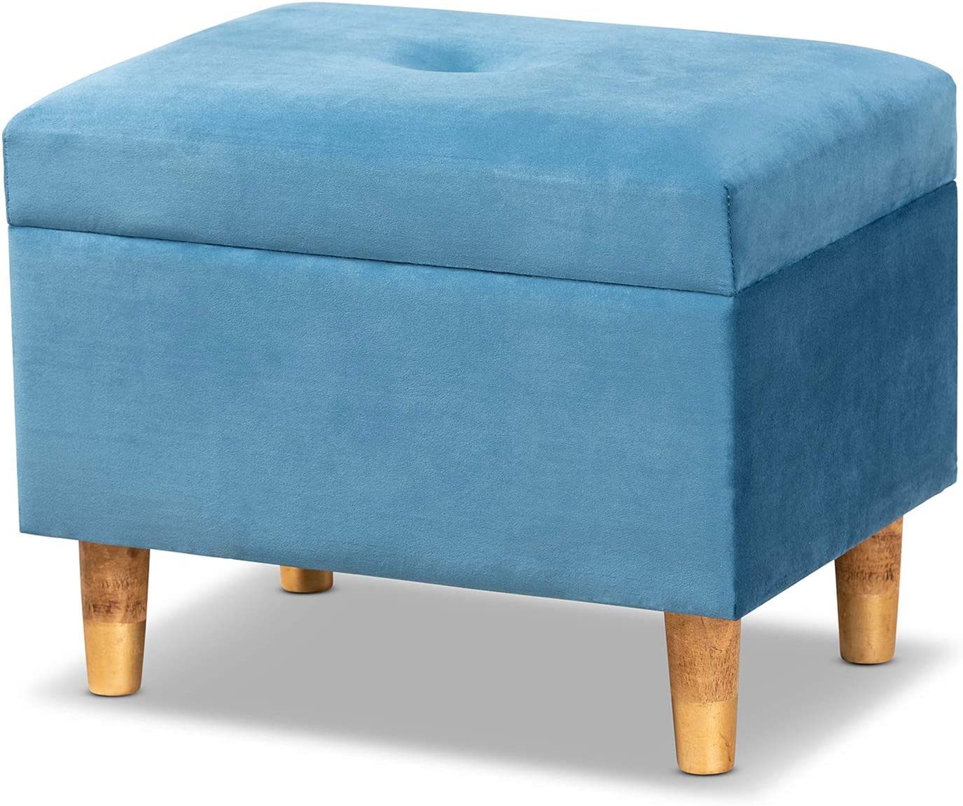 Baxton Studio Elias Modern and Contemporary Sky Blue Velvet Fabric Upholstered and Oak Brown Finished Wood Storage Ottoman