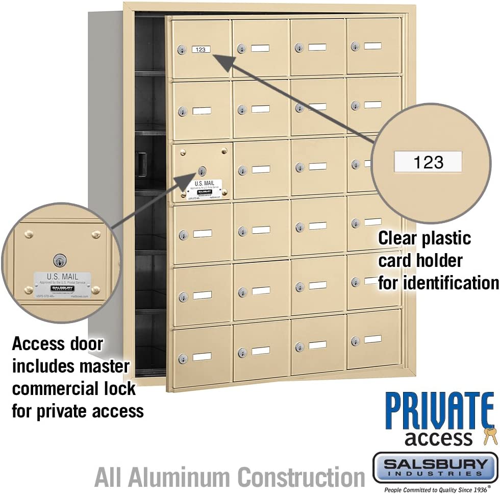 Salsbury Industries 3624SFP 4B Plus Horizontal Mailbox with Master Commercial Lock, 24 A Doors 23 Usable, Front Loading, Private Access, Sandstone