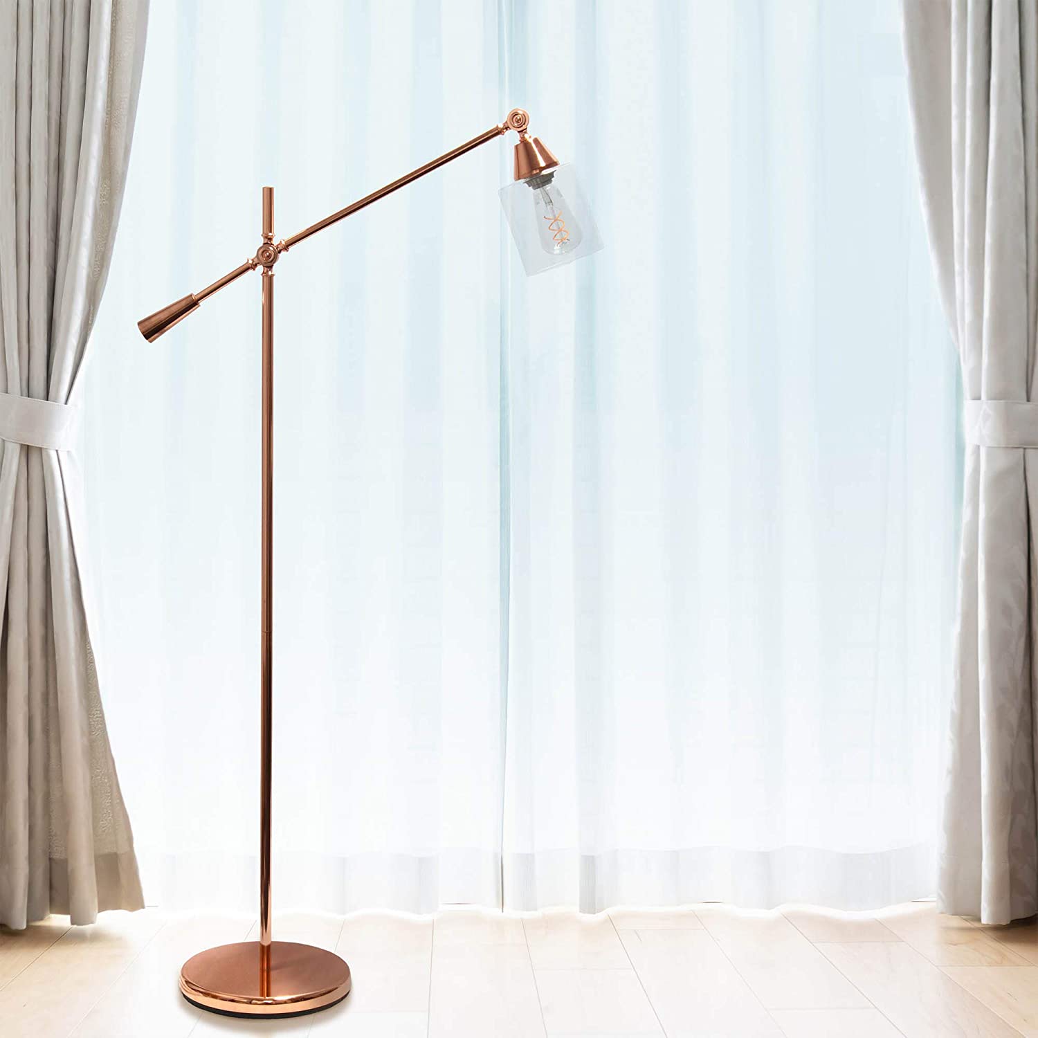 Lalia Home Decorative Swing Arm Floor Lamp with Clear Glass Cylindrical Shade, Rose Gold