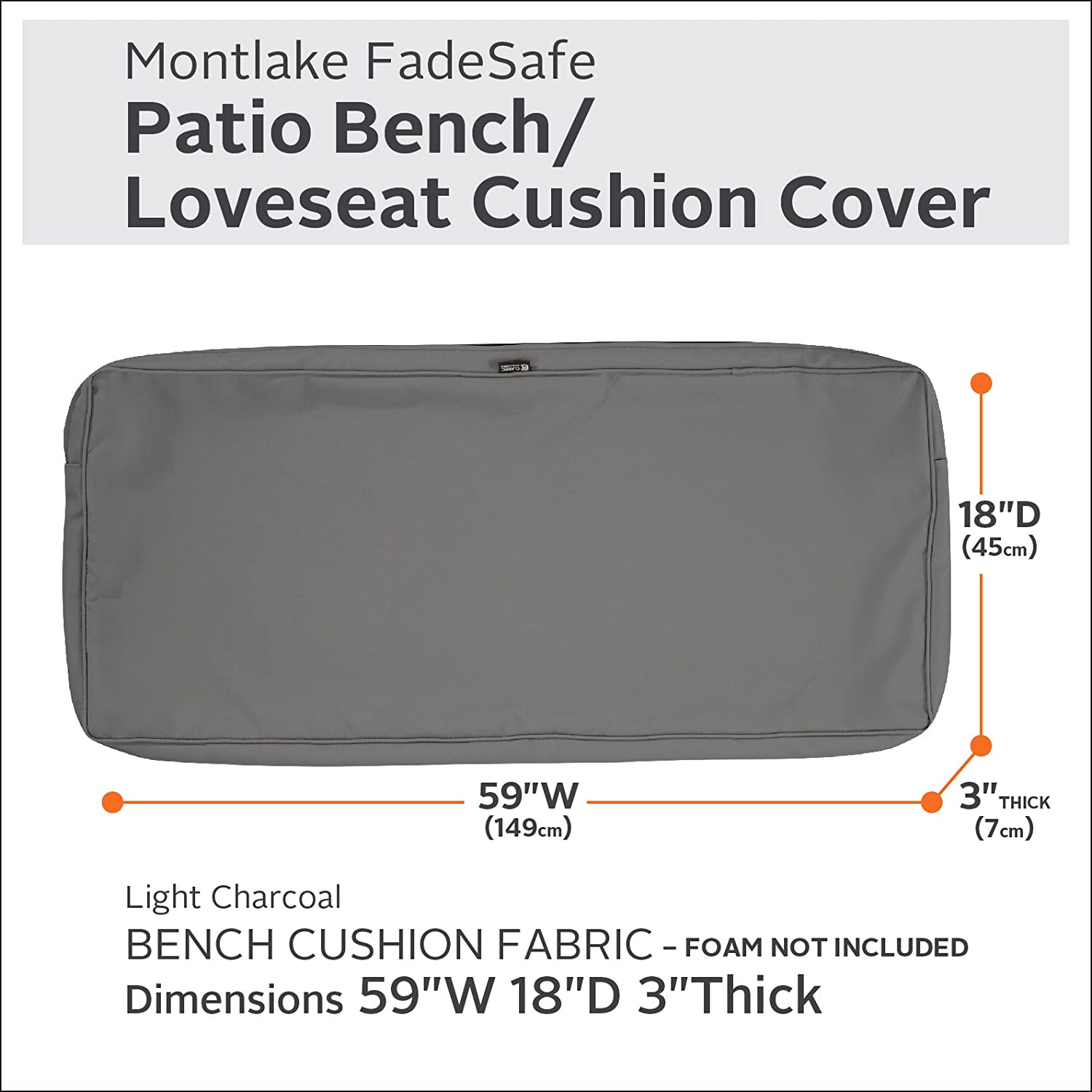 Classic Accessories Montlake Water-Resistant 59 x 18 x 3 Inch Outdoor Bench/Settee Cushion Slip Cover, Patio Furniture Swing Cushion Cover, Light Charcoal Grey, Patio Furniture Cushion Covers