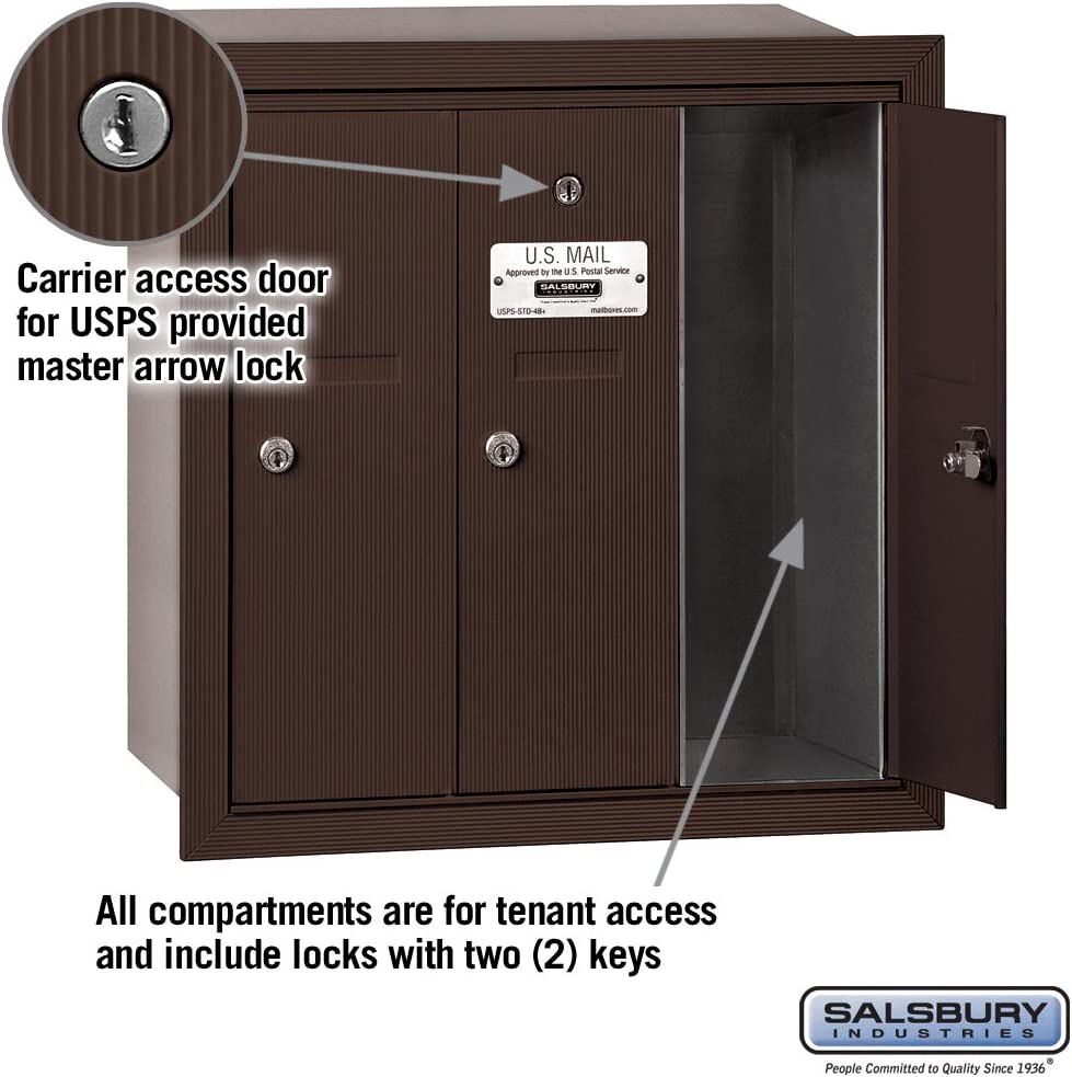 Salsbury Vertical Mailbox - 3 Doors - Bronze - Recessed Mounted - USPS Access