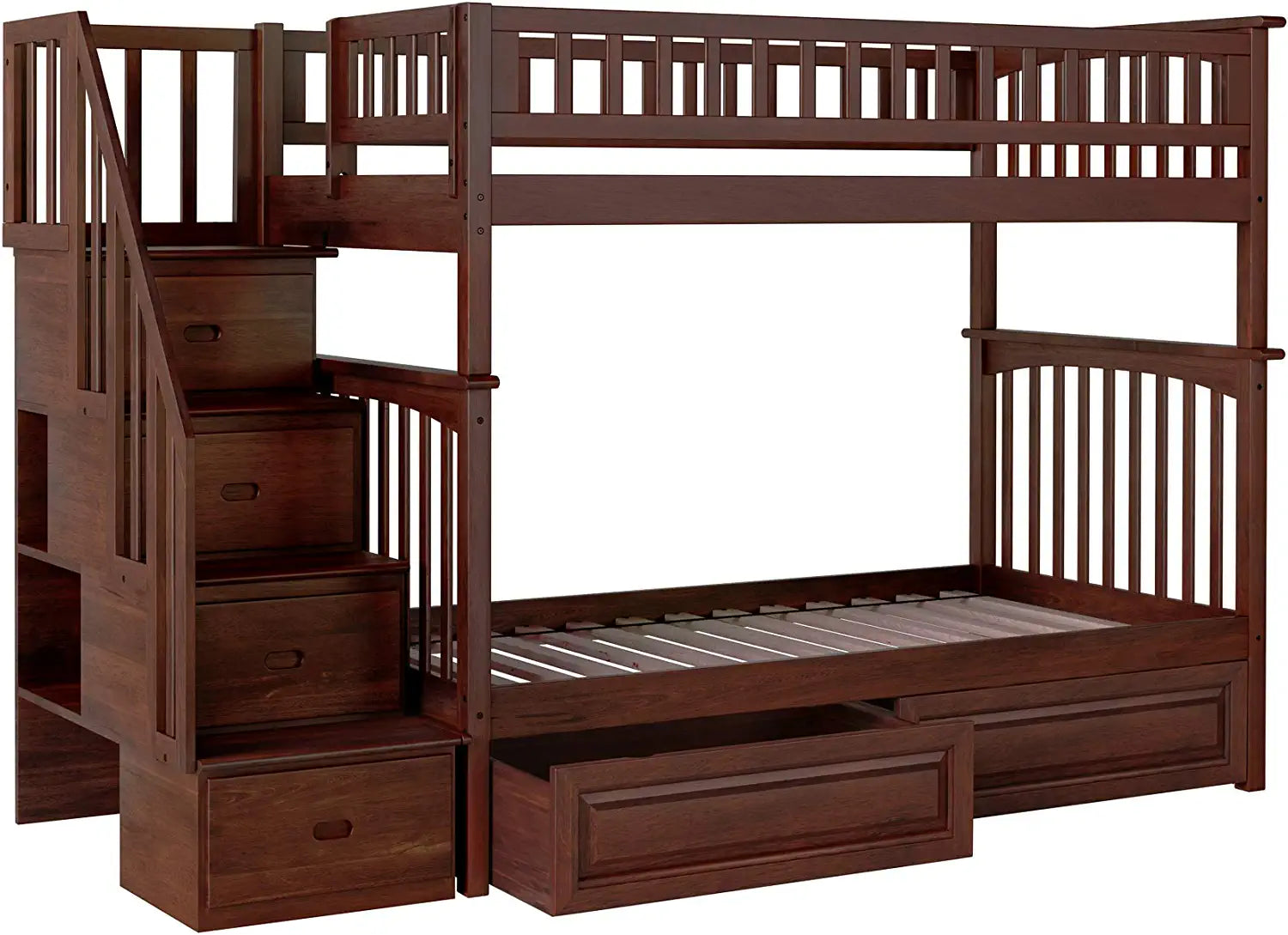 AFI Columbia Staircase Bunk with Turbo Charger and Raised Panel Bed Drawers, Twin over Twin, Brown