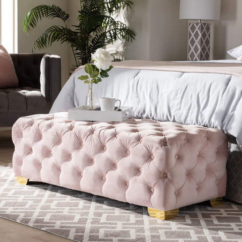 Baxton Studio Avara Glam and Luxe Light Pink Velvet Fabric Upholstered Gold Finished Button Tufted Bench Ottoman