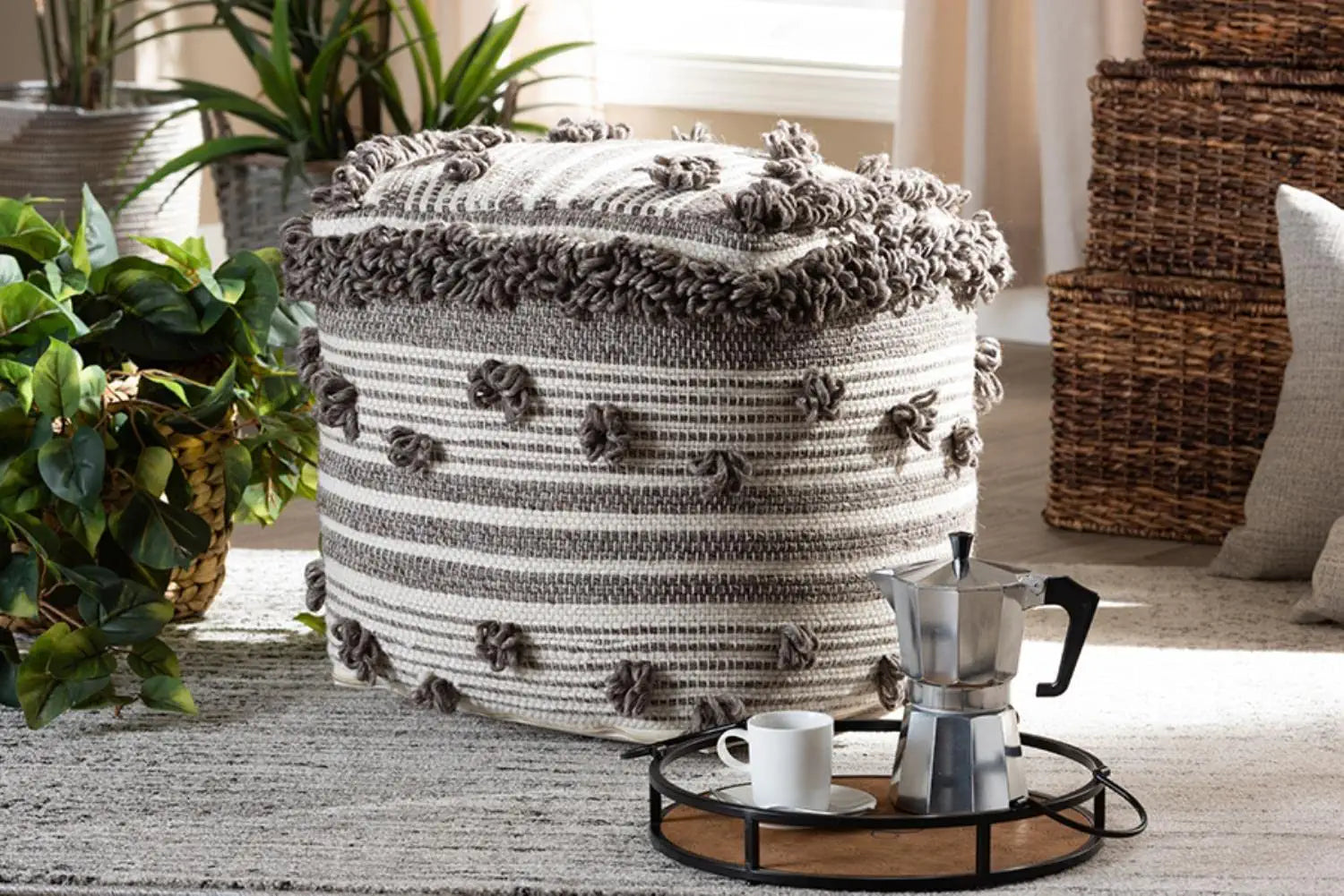 Eligah Ivory and Brown Moroccan Inspired Pouf Ottoman