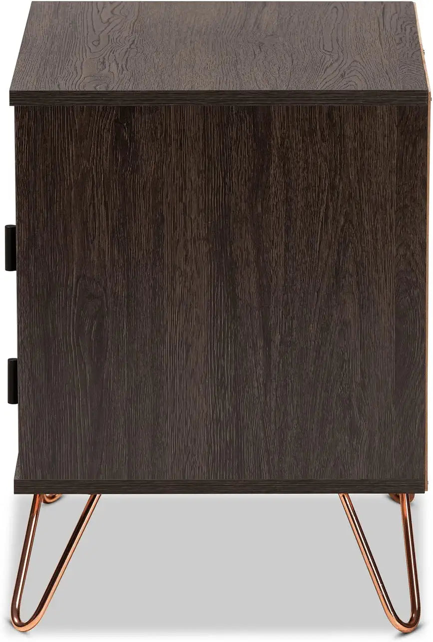 Baxton Studio Glover Modern and Contemporary Dark Brown Finished Wood and Rose Gold-Tone Finished Metal 2-Drawer Nightstand