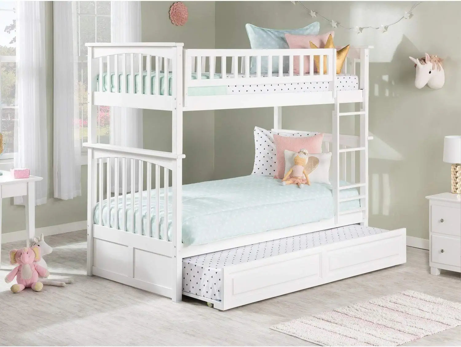 Atlantic Furniture Columbia Bunk Bed Twin Over Twin with Twin Raised Panel Trundle Bed in White