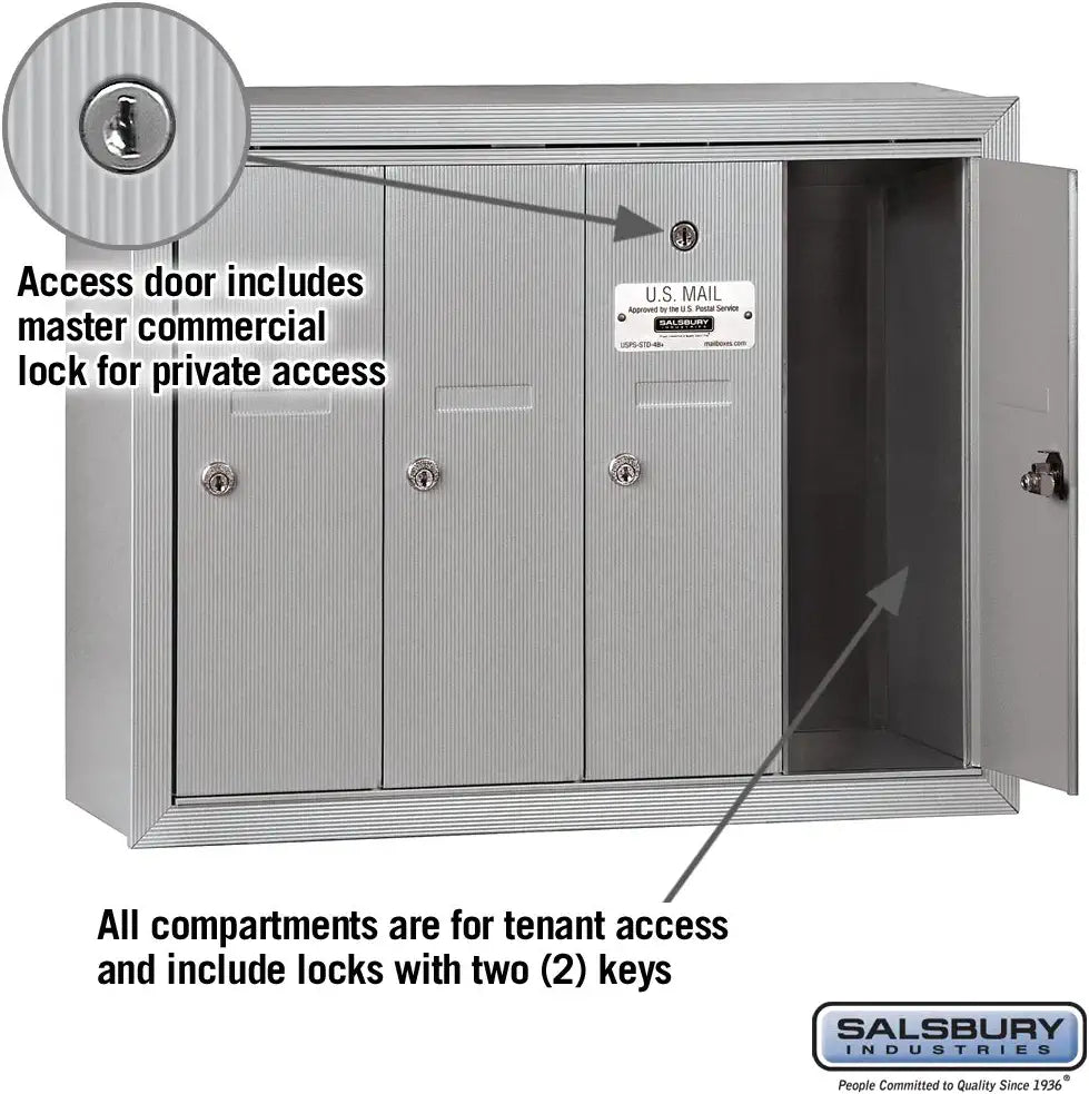 Salsbury Industries 3504ASP Surface Mounted Vertical Mailbox with Master Commercial Lock, Private Access and 4 Doors, Aluminum