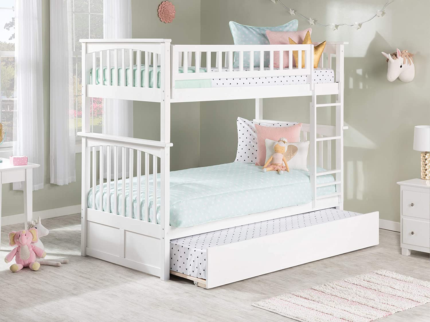 Columbia Bunk Bed Twin over Twin with Twin Size Urban Trundle Bed in White