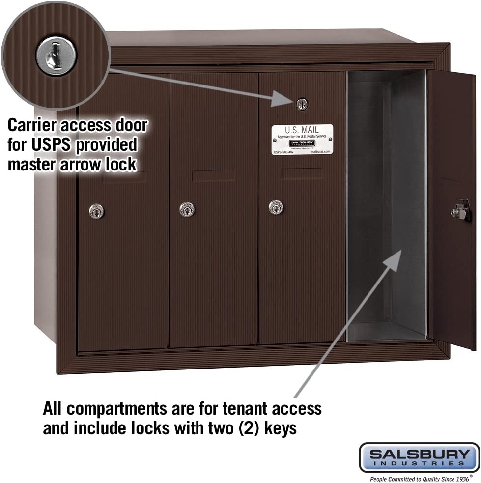 Salsbury Industries 3504ZRU Recessed Mounted Vertical Mailbox with USPS Access and 4 Doors, Bronze