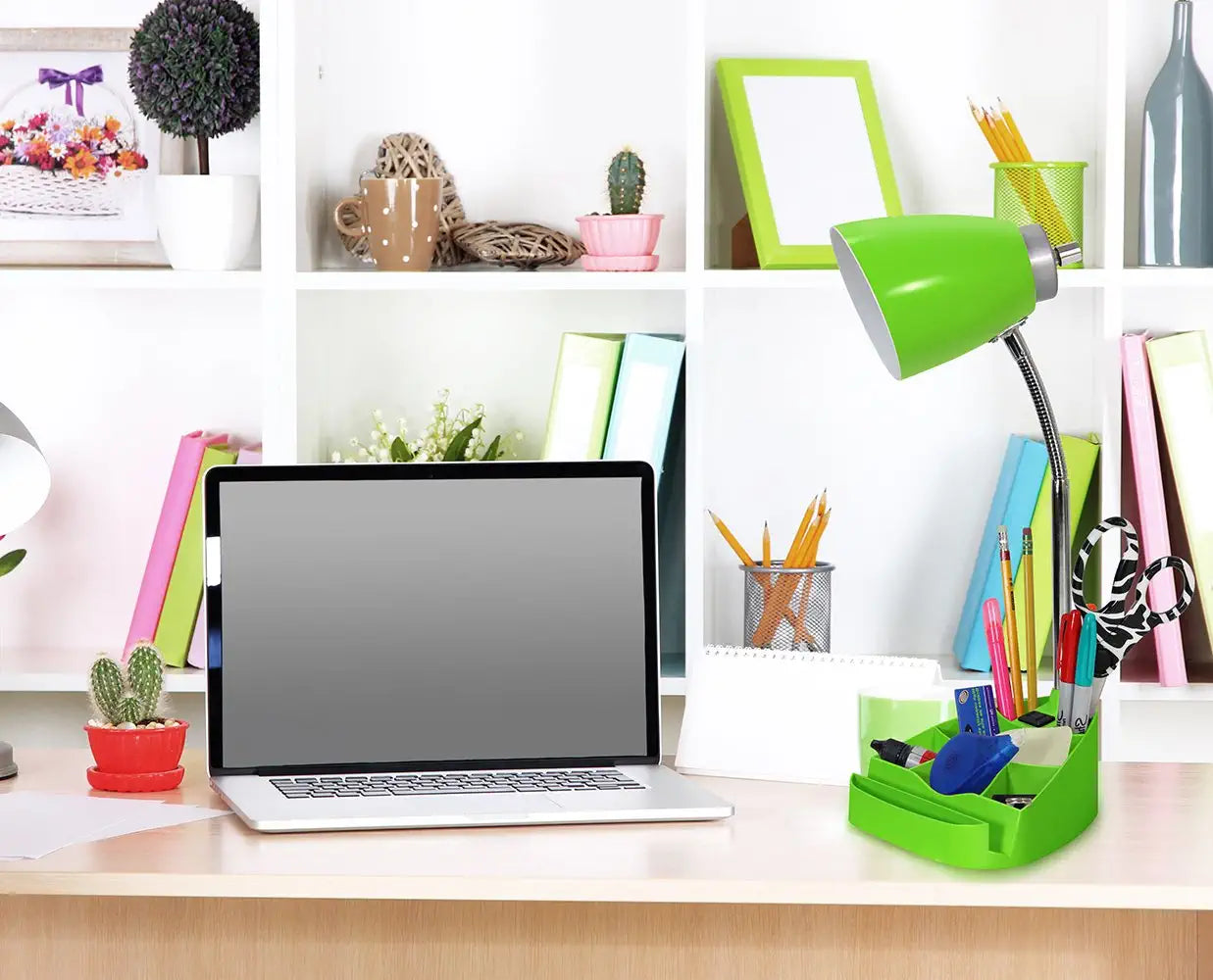Limelights LD1057-GRN Gooseneck Organizer iPad Tablet Stand Book Holder and Charging Outlet, Green Desk Lamp