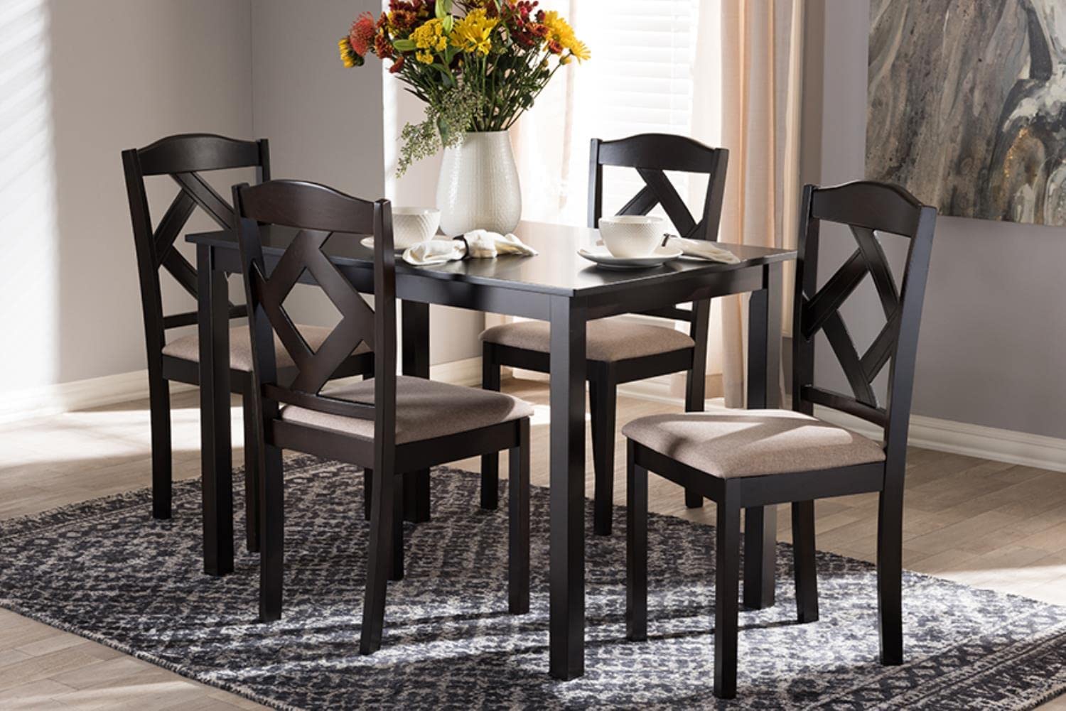 Baxton Studio Ruth Modern and Contemporary Beige Fabric Upholstered and Dark Brown Finished 5-Piece Dining Set Beige//Medium Wood/Contemporary/Table/Fabric Polyester 100%&#34;/Solid Rubber Wood/Foam