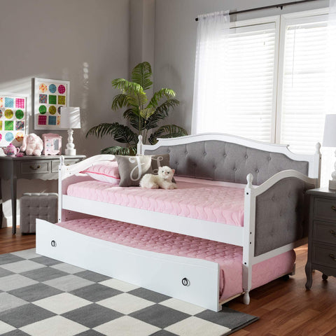 Baxton Studio Marlie Classic and Traditional Grey Fabric Upholstered White Finished Wood Twin Size Daybed with Trundle