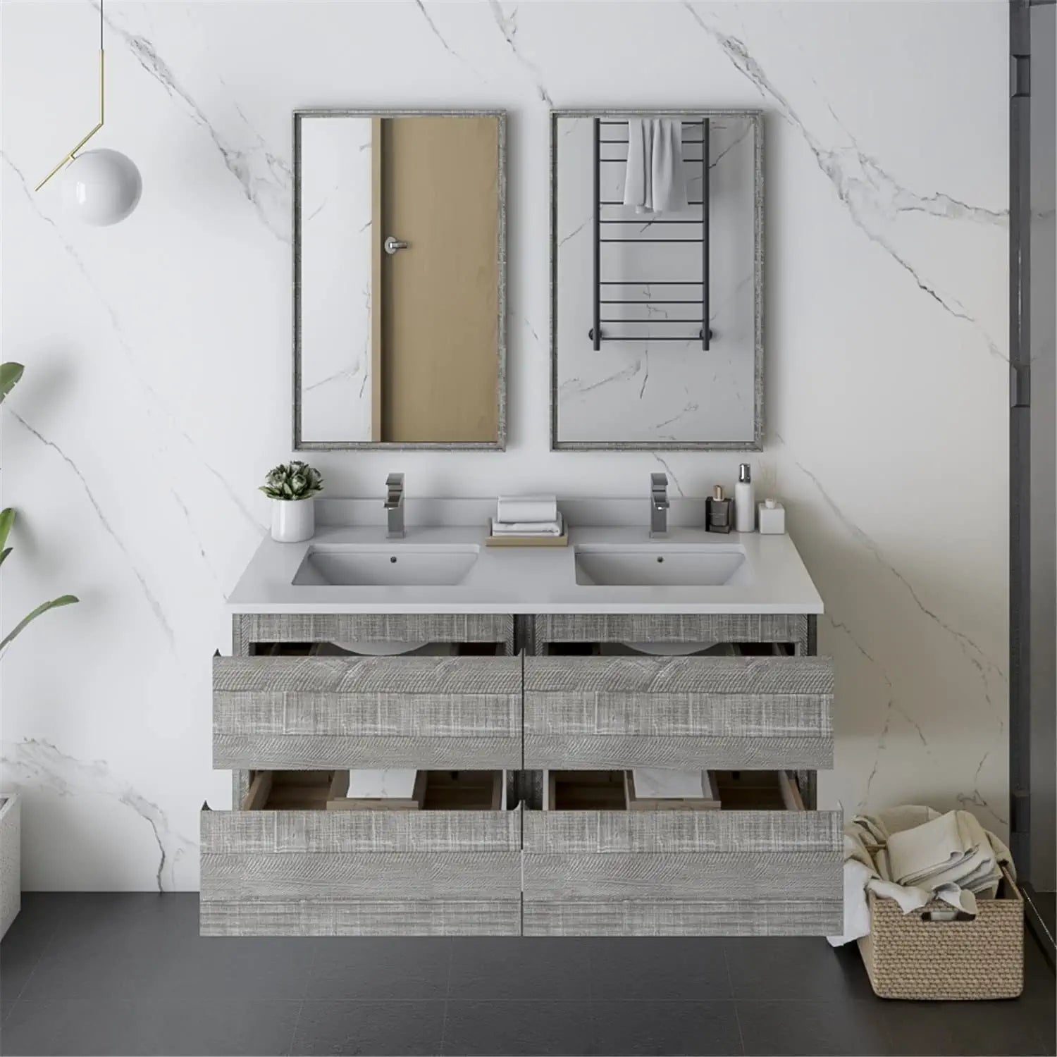 Fresca Formosa 48&#34; Wall Hung Double Sink Modern Bathroom Vanity w/Mirrors in Ash