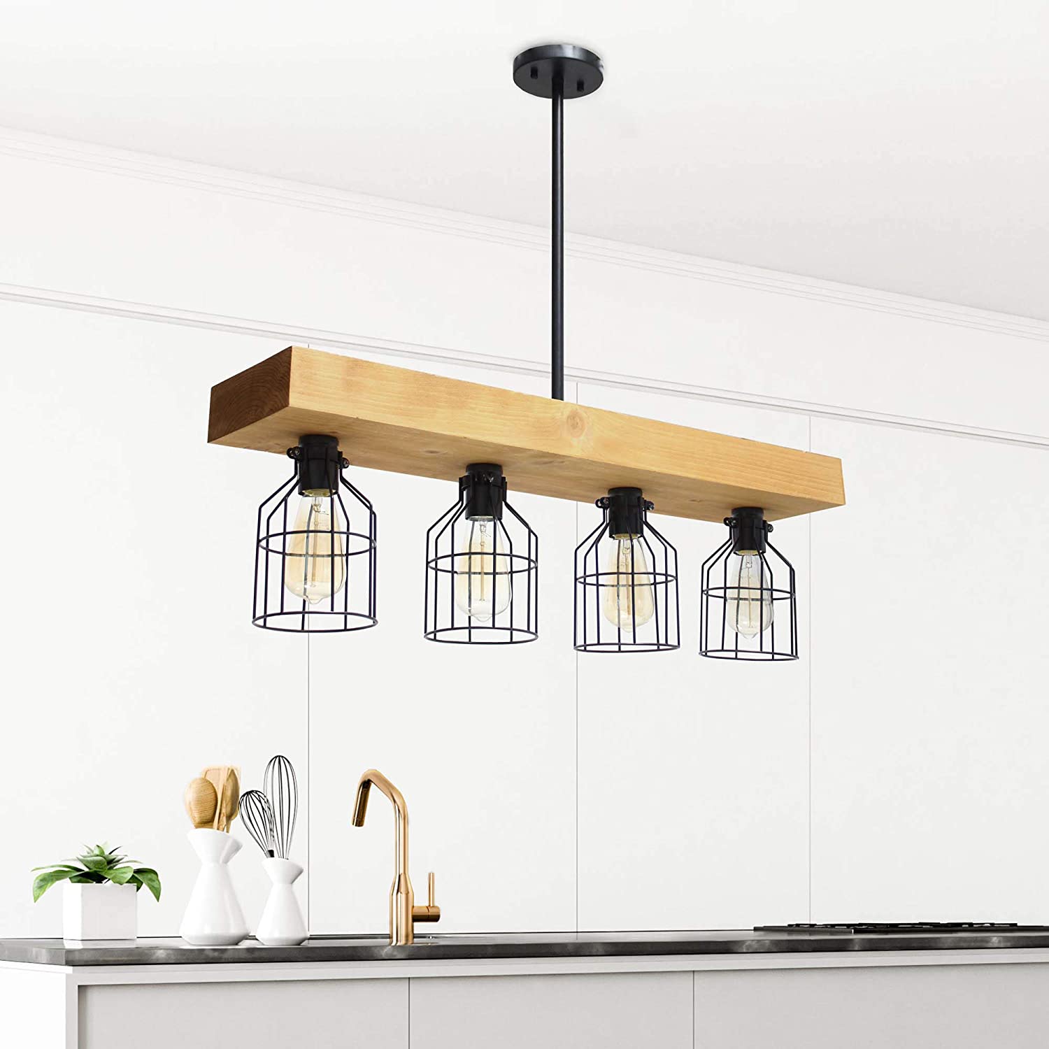 Lalia Home 4 Light Rustic Farmhouse Pendant with Light Wood Beam and Matte Black Metal Cage Shade