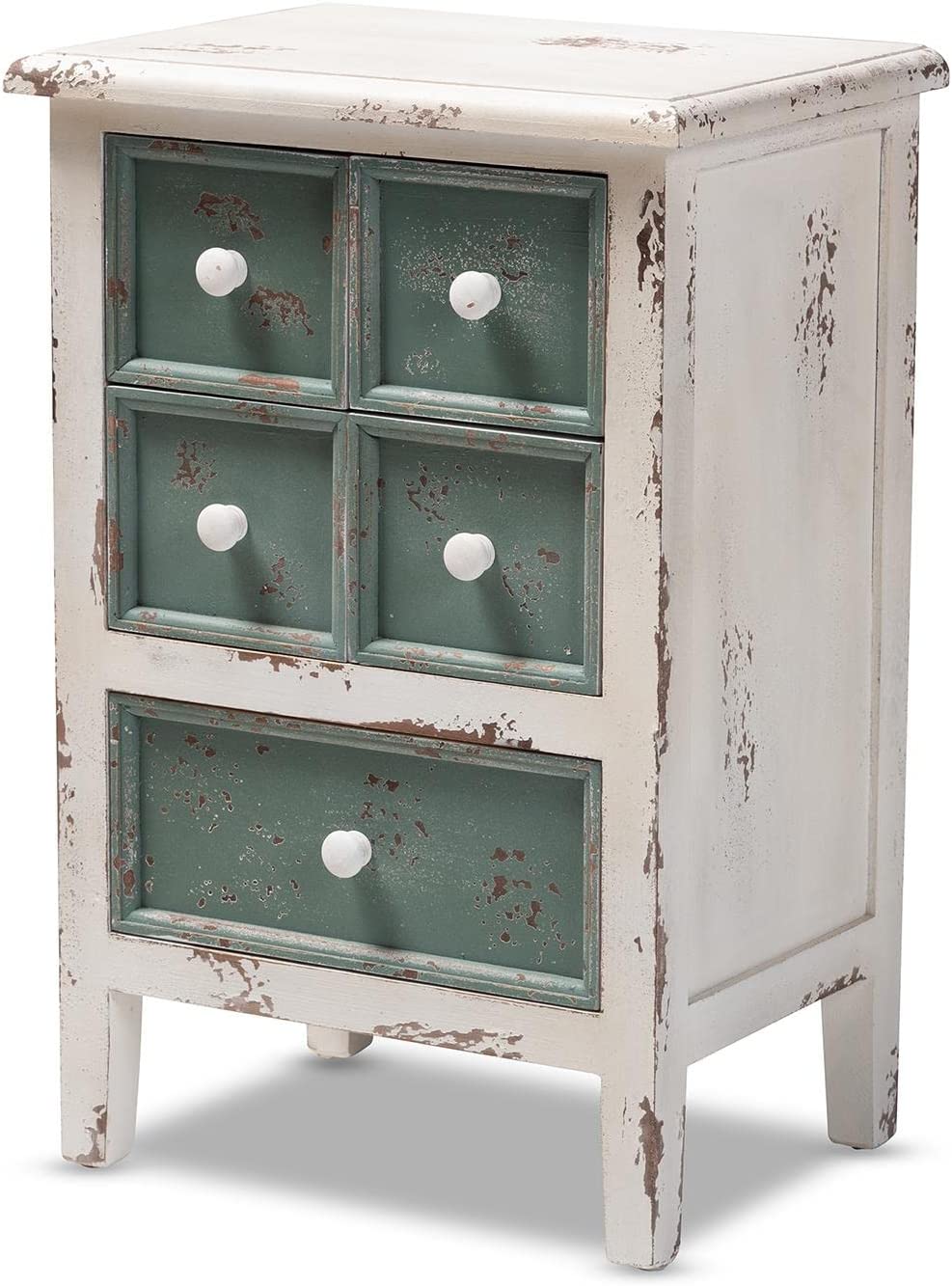 Baxton Studio Angeline Antique French Country Cottage Distressed White and Teal Finished Wood 5-Drawer Accent Chest