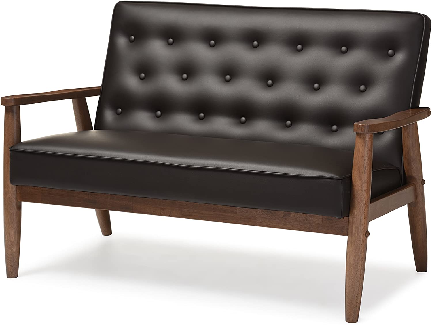 BAXTON STUDIO SORRENTO MID-CENTURY RETRO MODERN BROWN FAUX LEATHER UPHOLSTERED WOODEN 2-SEATER LOVESEAT