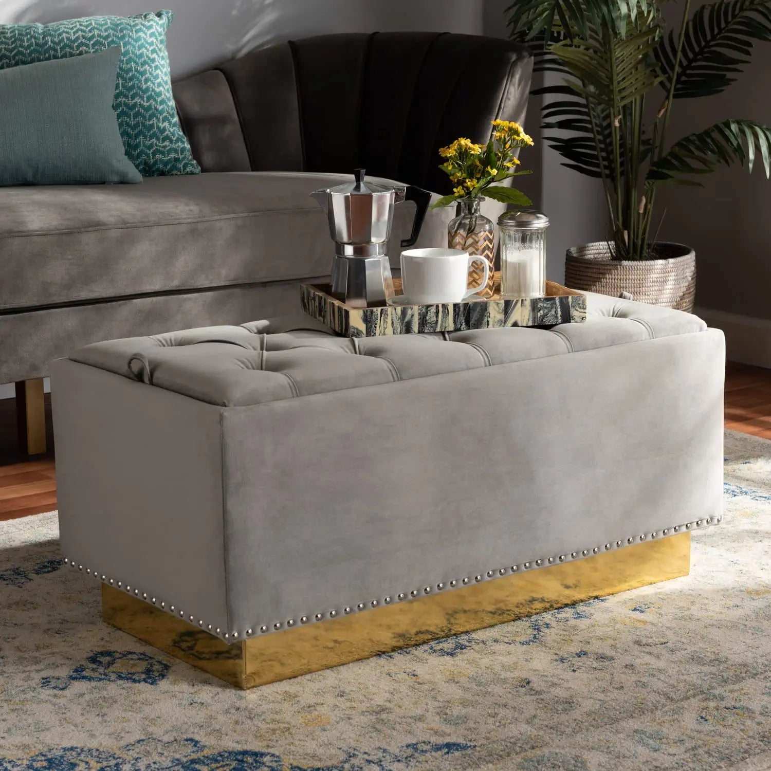 Baxton Studio Powell Glam and Luxe Grey Velvet Fabric Upholstered and Gold PU Leather Storage Ottoman