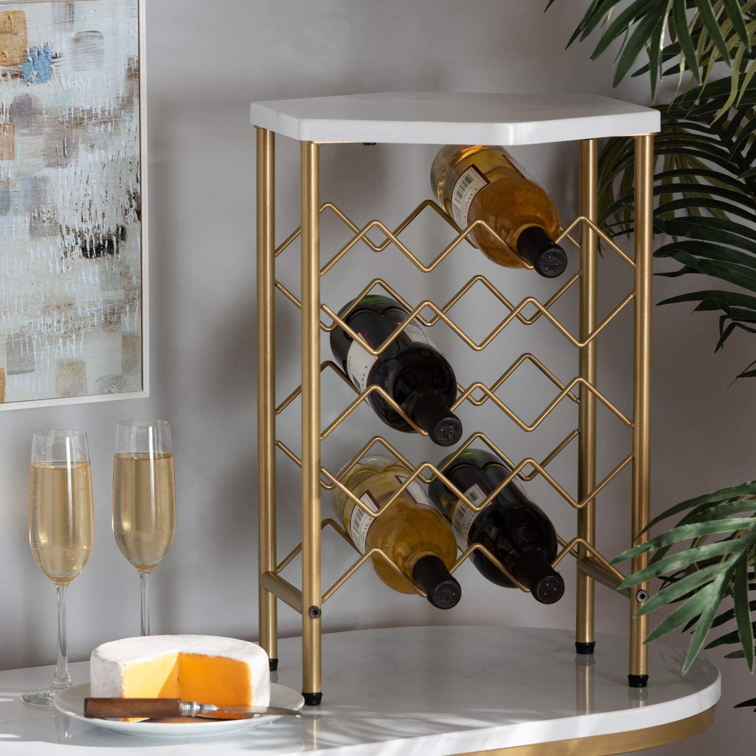 Baxton Studio Phoebe Modern and Contemporary Gold Finished Metal Wine Rack With Faux Marble Tabletop