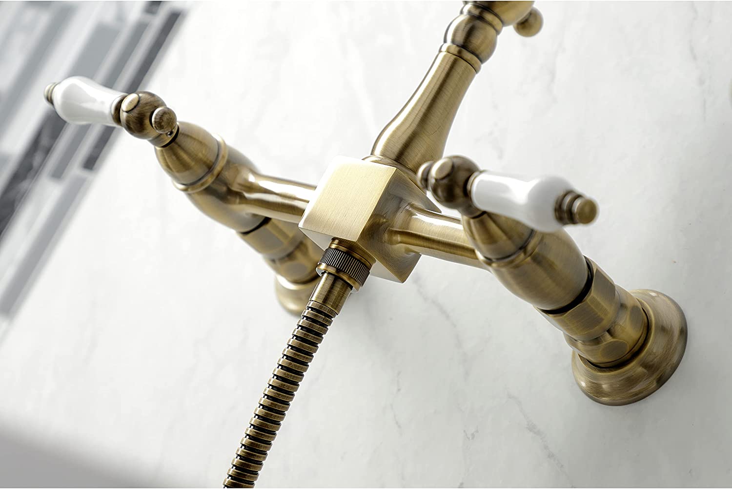 Kingston Brass KS1263PLBS Heritage Bridge Kitchen Faucet, Antique Brass