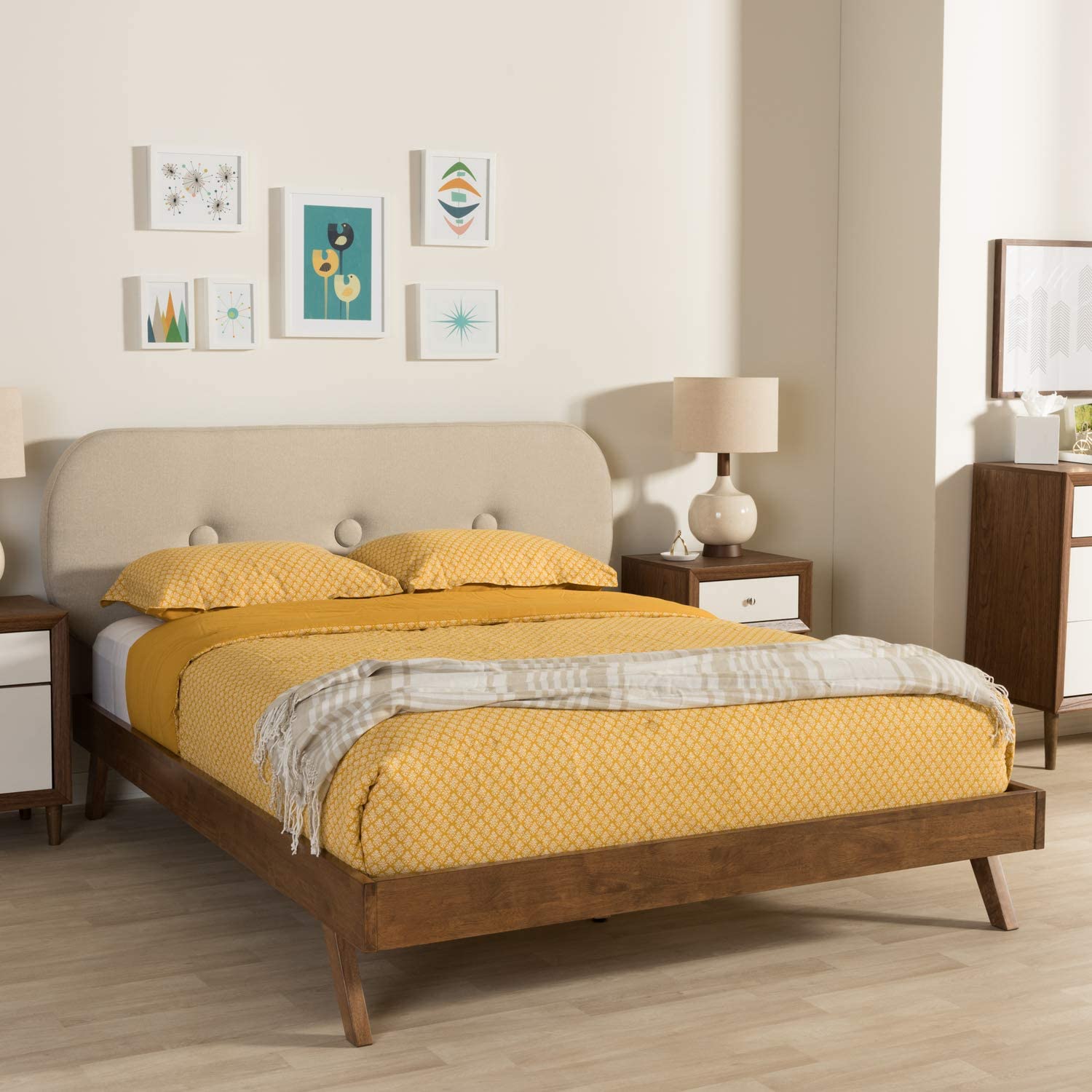 Baxton Studio Penelope Mid-Century Modern Solid Walnut Wood Light Beige Fabric Upholstered Queen Size Platform Bed