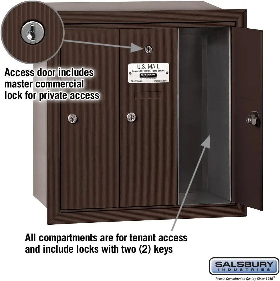 Salsbury Industries 3503ZRP Recessed Mounted Vertical Mailbox with Master Commercial Lock, Private Access and 3 Doors, Bronze