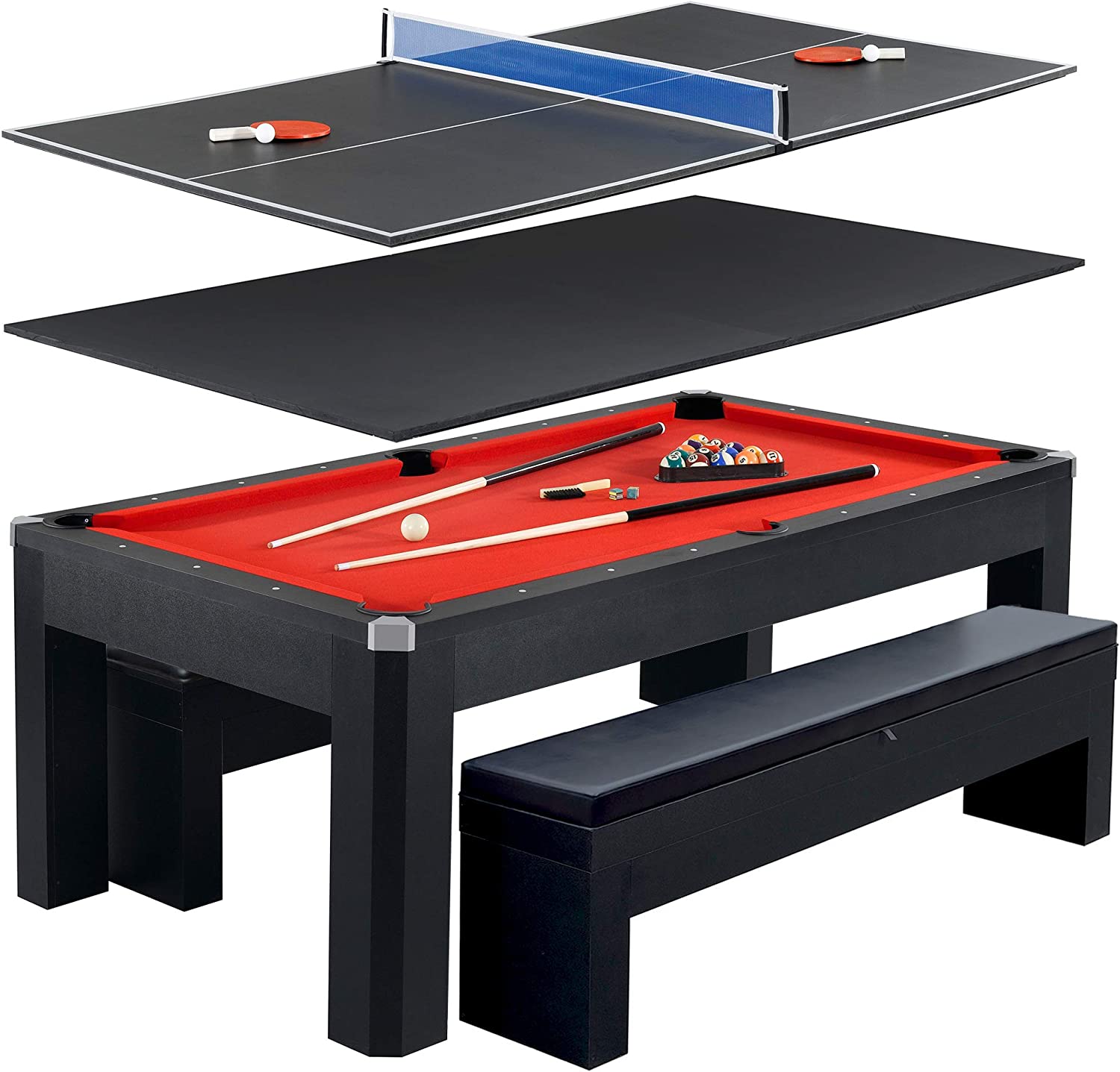 Hathaway Park Avenue 7√É¬¢√¢‚Äö¬¨√¢‚Äû¬¢ Pool Table Tennis Combination with Dining Top, Two Storage Benches, Free Accessories