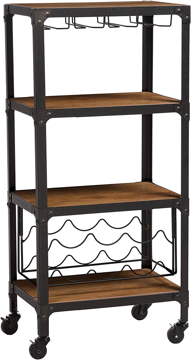 Baxton Studio Swanson Rustic Industrial Style Antique Textured Metal Distressed Wood Mobile Kitchen Bar Wine Storage Shelf, Black (YLX-9033)