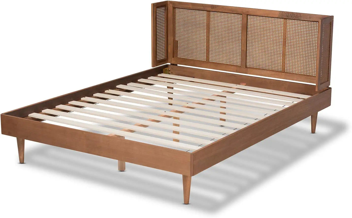 Baxton Studio Rina Mid-Century Modern Ash Wanut Finished Wood and Synthetic Rattan King Size Platform Bed with Wrap-Around Headboard