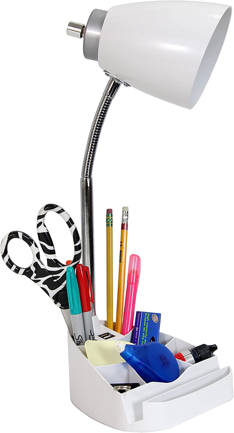 Limelights LD1056-WHT iPad Tablet Stand Book, White Gooseneck Organizer Desk Lamp with Holder and USB Port