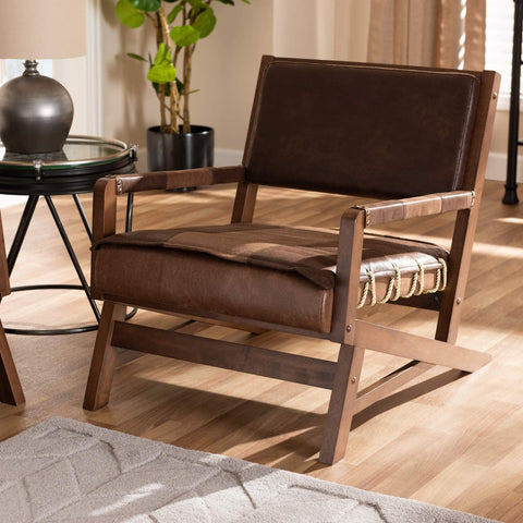 Baxton Studio Rovelyn Rustic Brown Faux Leather Effect Fabric Upholstered Walnut Finished Wood Lounge Chair