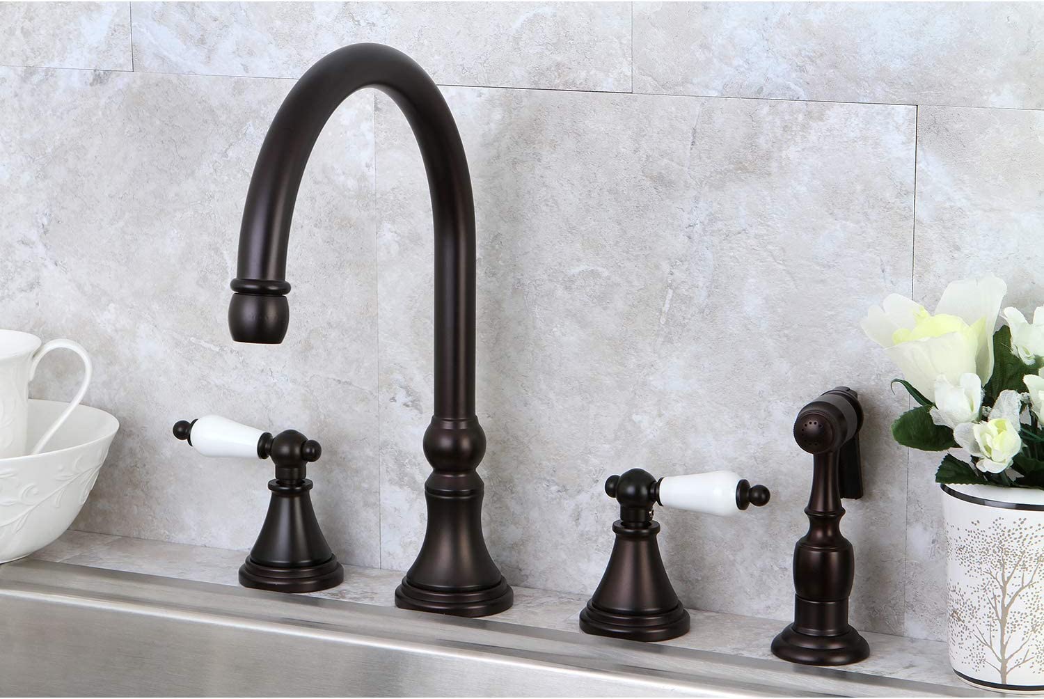 Kingston Brass KS2795PLBS 8-Inch Deck Mount Kitchen Faucet with Brass Sprayer, Oil Rubbed Bronze